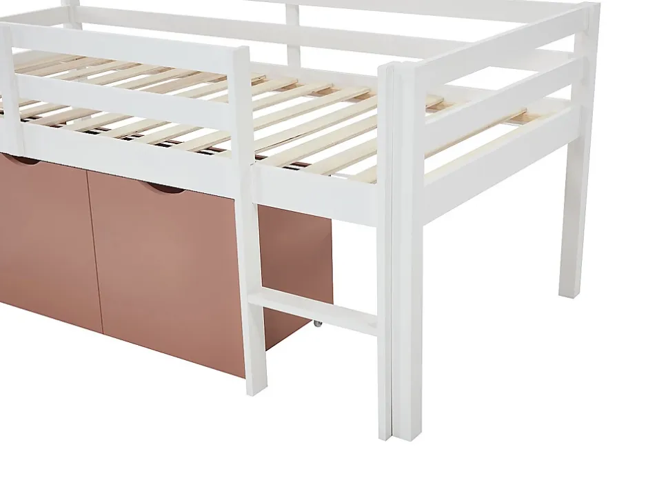 Vente-unique Lit mi-hauteur 90 x 190 cm avec rangement - Pin et MDF - Blanc et rose - LANIORI Online