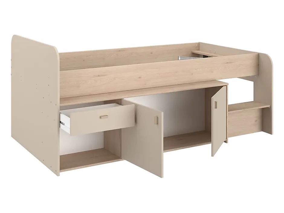 Vente-unique Lit mi-hauteur 90 x 190/200 cm avec rangements - Beige et naturel - LUNOBI Hot