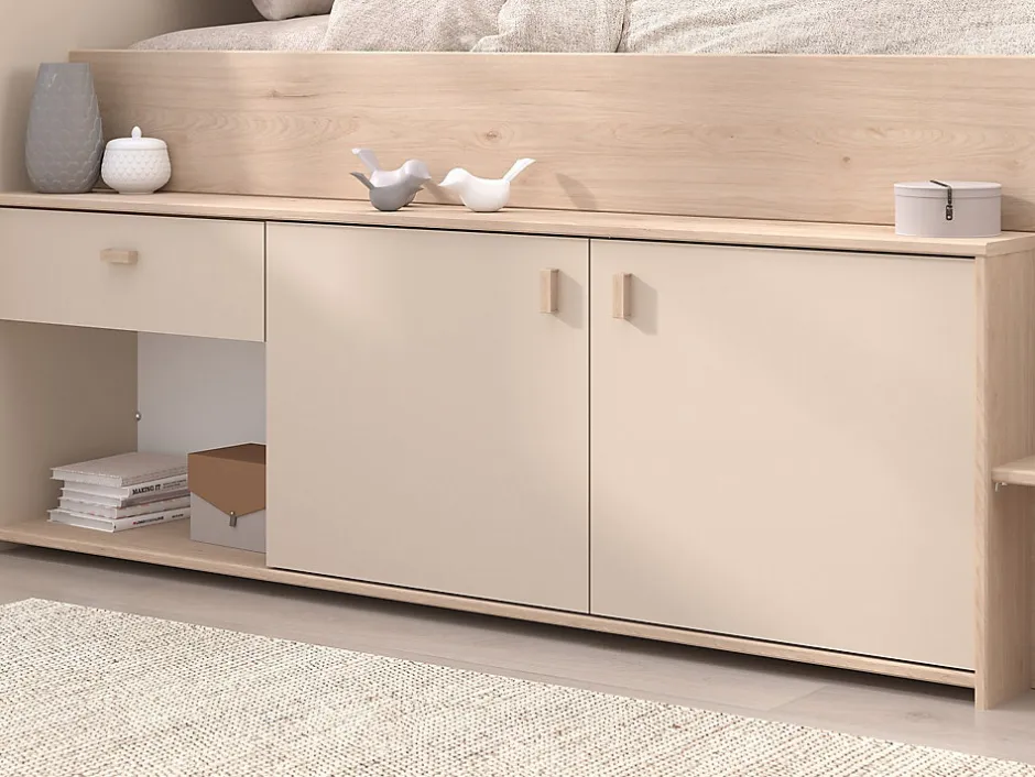 Vente-unique Lit mi-hauteur 90 x 190/200 cm avec rangements - Beige et naturel - LUNOBI Hot