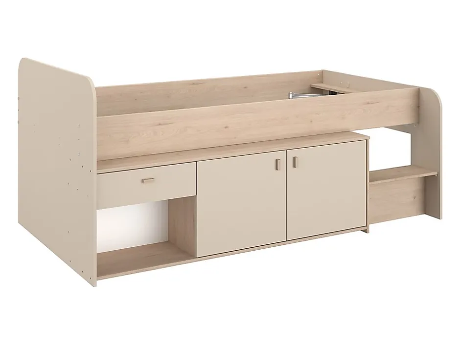 Vente-unique Lit mi-hauteur 90 x 190/200 cm avec rangements - Beige et naturel - LUNOBI Hot