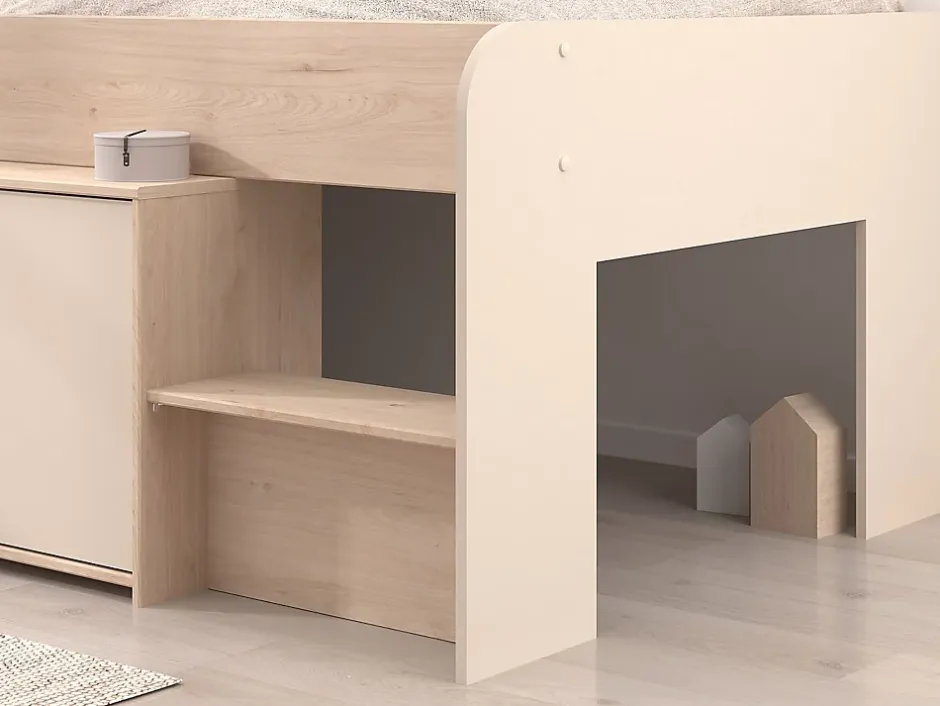 Vente-unique Lit mi-hauteur 90 x 190/200 cm avec rangements - Beige et naturel - LUNOBI Hot