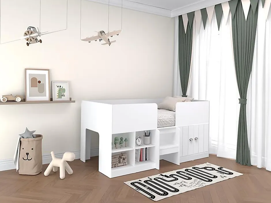 Vente-unique Lit mi-hauteur 90 x 190 cm avec rangements - Coloris : Blanc - BOUTANIO Sale