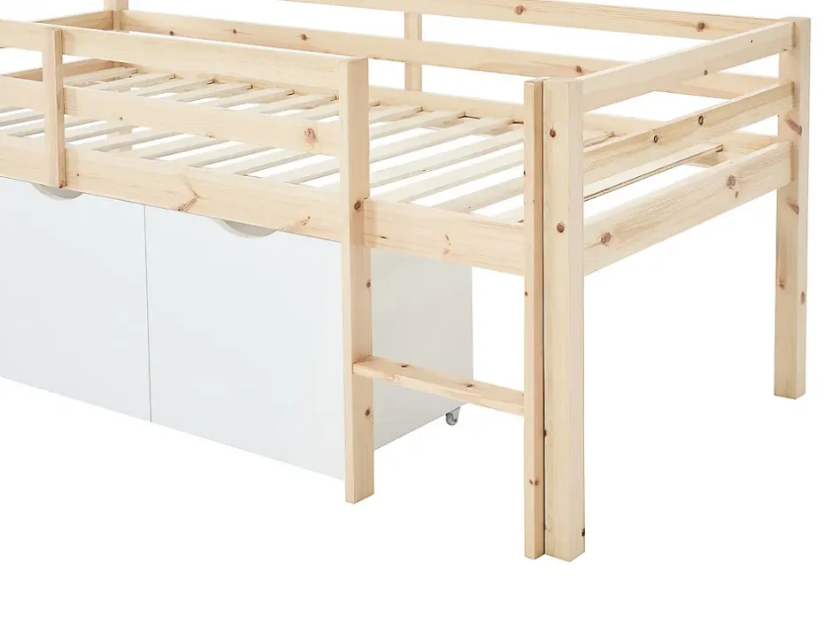 Vente-unique Lit mi-hauteur 90 x 190 cm avec rangement - Pin et MDF - Coloris : Naturel et blanc - LANIORI New