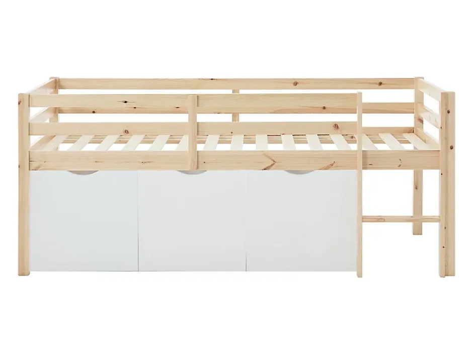 Vente-unique Lit mi-hauteur 90 x 190 cm avec rangement - Pin et MDF - Coloris : Naturel et blanc - LANIORI New