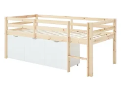 Vente-unique Lit mi-hauteur 90 x 190 cm avec rangement - Pin et MDF - Coloris : Naturel et blanc - LANIORI New