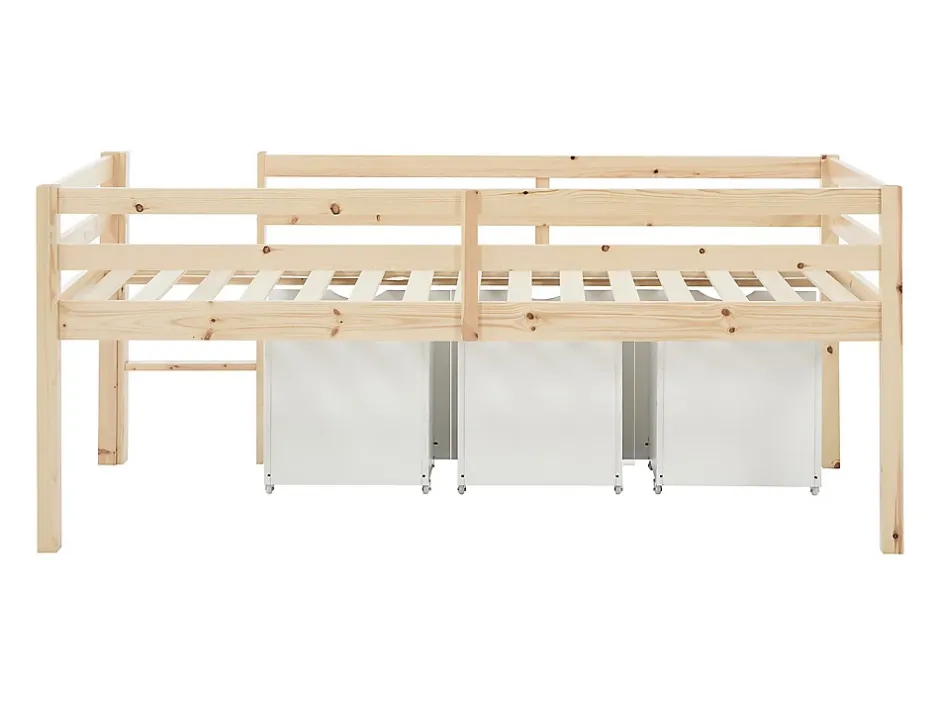 Vente-unique Lit mi-hauteur 90 x 190 cm avec rangement - Pin et MDF - Coloris : Naturel et blanc - LANIORI New