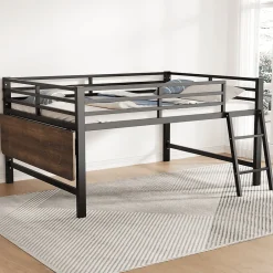 Okwish Lit mi-hauteur 140x200 cm avec étagères et éclairage LED télécommande - lit enfant/ado gain de place - sans matelas - Noir