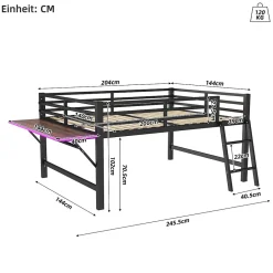 Okwish Lit mi-hauteur 140x200 cm avec étagères et éclairage LED télécommande - lit enfant/ado gain de place - sans matelas - Noir