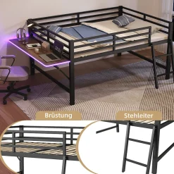 Okwish Lit mi-hauteur 140x200 cm avec étagères et éclairage LED télécommande - lit enfant/ado gain de place - sans matelas - Noir