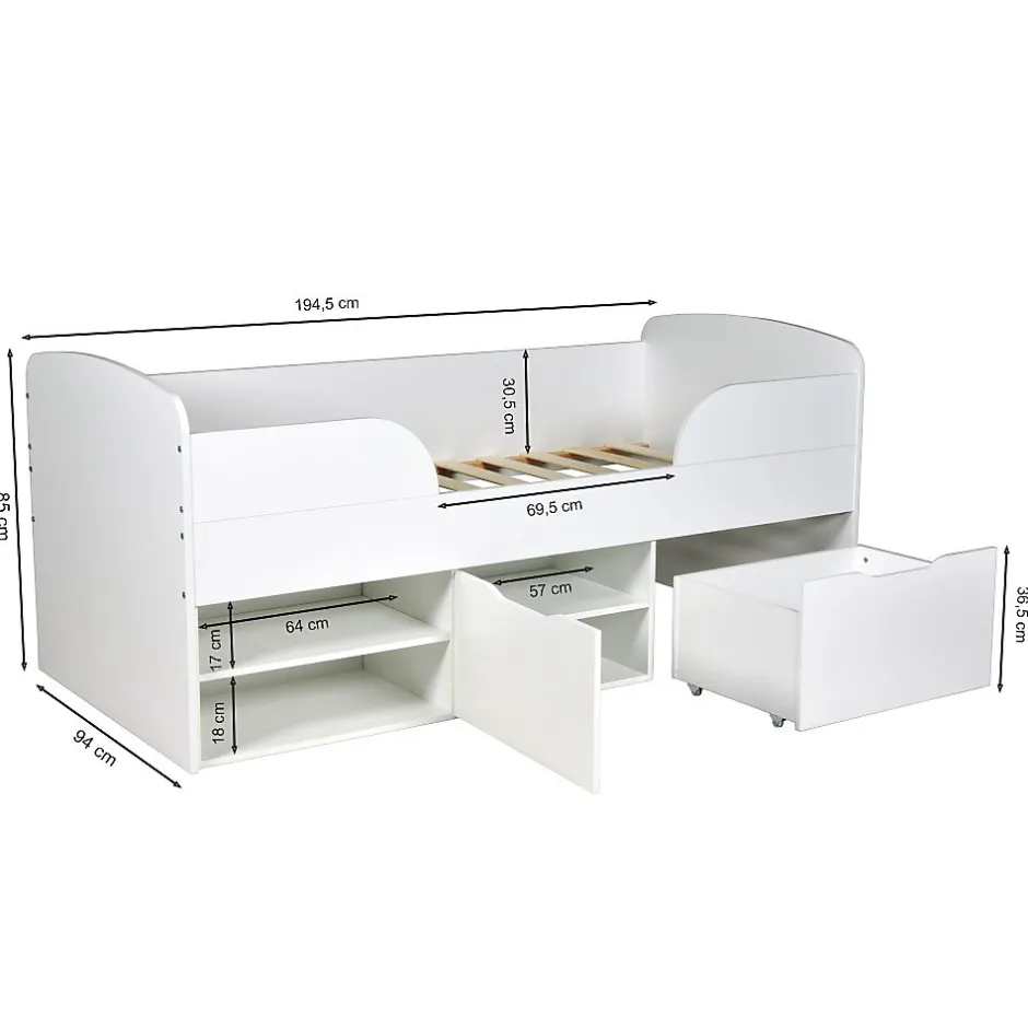 Weber Industries Lit mi-hauteur 90x190 cm ELIO avec sommier et rangements / Blanc