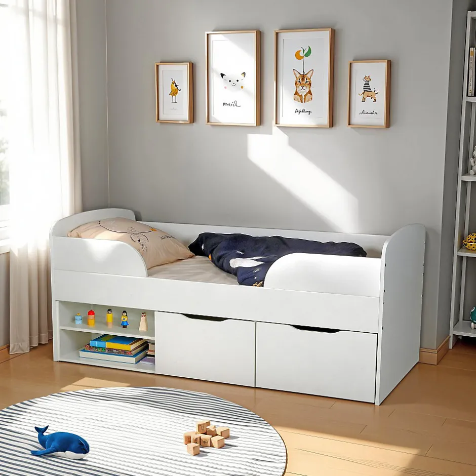 Weber Industries Lit mi-hauteur 90x190 cm ELIO avec sommier et rangements / Blanc