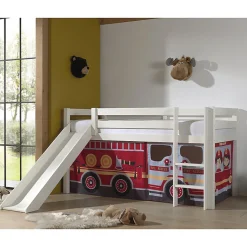 Enfant Petits-Meubles Lit Mi-Hauteur 90x200 Toboggan sommier inclus housse Pompier Vipack Pino Blanc
