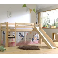 Enfant Petits-Meubles Lit Mi-Hauteur 90x200 Toboggan sommier inclus housse Fairy Vipack Pino Bois