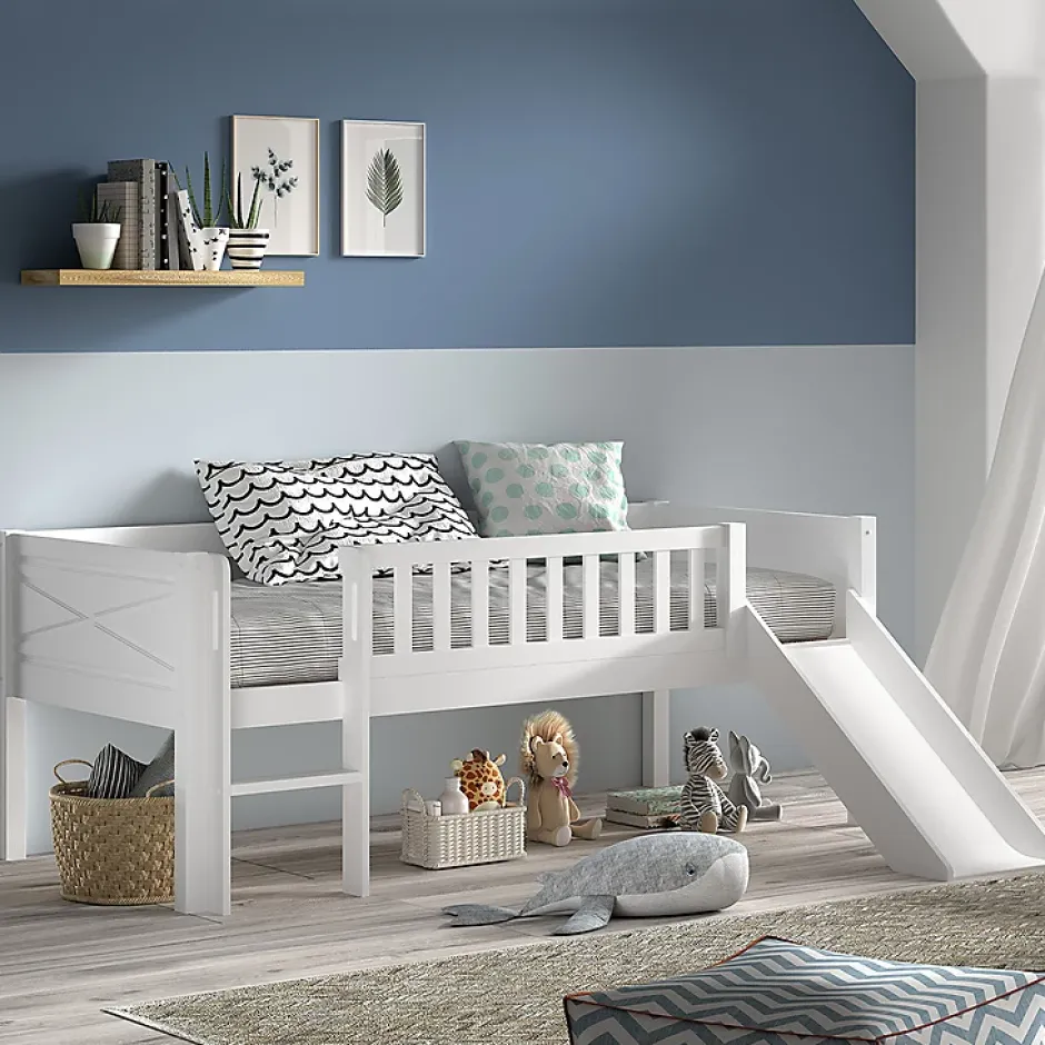Petits-Meubles Lit mi-hauteur 90x200 toboggan et sommier inclus Vipack Scott Blanc