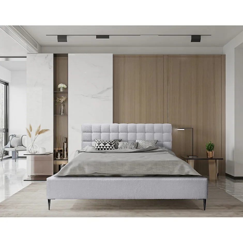Meublorama Lit MILLIO Blanc 140x200 cm Tissu chenille bouclé Sommier inclus Confort hôtel 5 étoiles