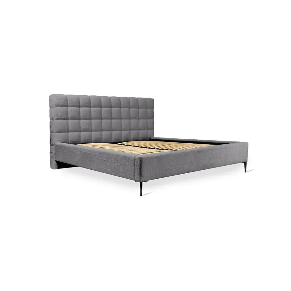 Meublorama Lit MILLIO Gris anthracite 140x200 cm Tissu chenille bouclé Sommier inclus Confort hôtel 5 étoiles Discount