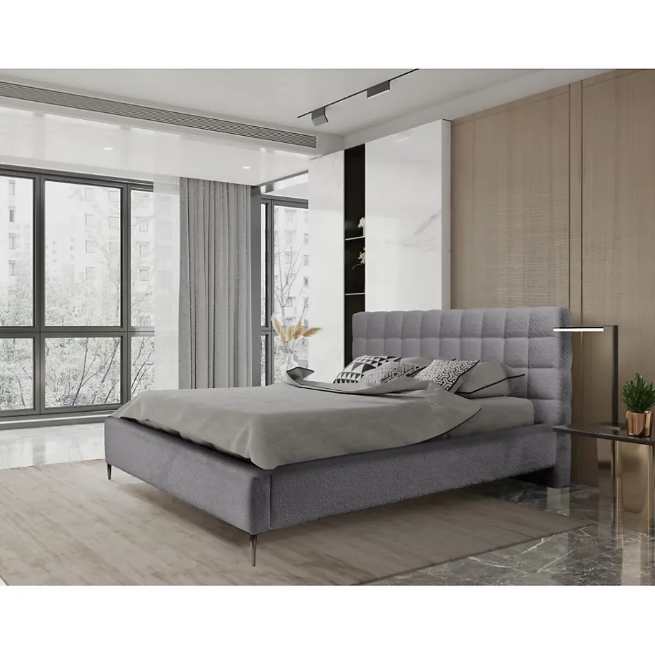 Meublorama Lit MILLIO Gris anthracite 140x200 cm Tissu chenille bouclé Sommier inclus Confort hôtel 5 étoiles Discount