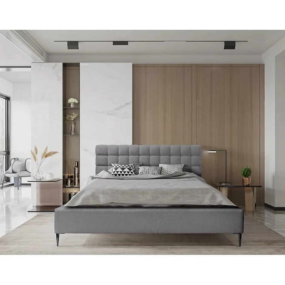 Meublorama Lit MILLIO Gris anthracite 140x200 cm Tissu chenille bouclé Sommier inclus Confort hôtel 5 étoiles Discount