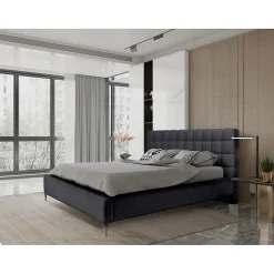 Meublorama Lit MILLIO Noir 180x200 cm Tissu chenille bouclé Sommier inclus Confort hôtel 5 étoiles