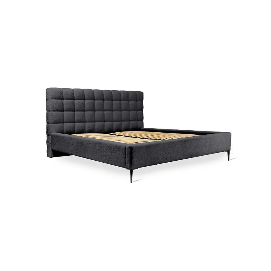 Meublorama Lit MILLIO Noir 180x200 cm Tissu chenille bouclé Sommier inclus Confort hôtel 5 étoiles