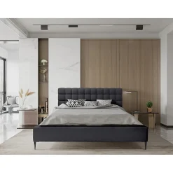 Meublorama Lit MILLIO Noir 180x200 cm Tissu chenille bouclé Sommier inclus Confort hôtel 5 étoiles