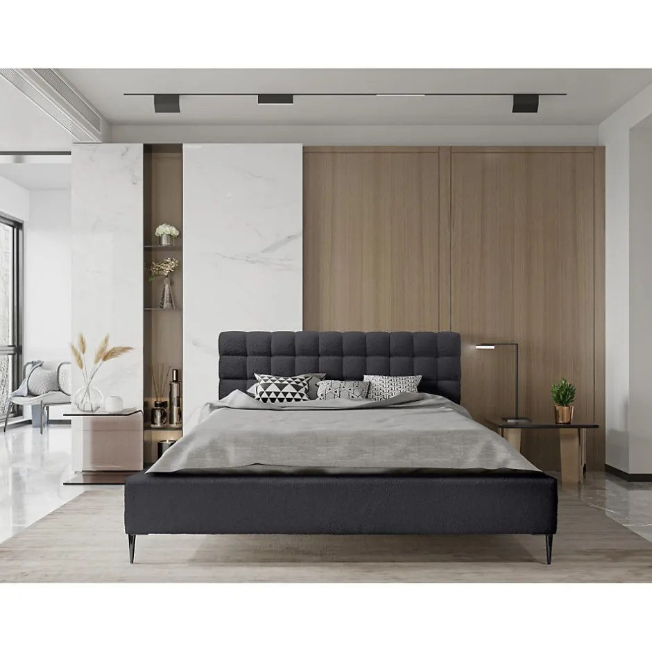 Meublorama Lit MILLIO Noir 180x200 cm Tissu chenille bouclé Sommier inclus Confort hôtel 5 étoiles