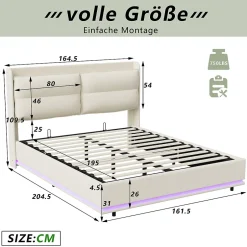 Fortuna lai Lit Moderne Rectangulaire 160x200 Cm Avec Sommier à Lattes, Rembourré, USB Et Type-c, Coffre, Beige