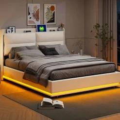 Fortuna lai Lit Moderne Rectangulaire 160x200 Cm Avec Sommier à Lattes, Rembourré, USB Et Type-c, Coffre, Beige