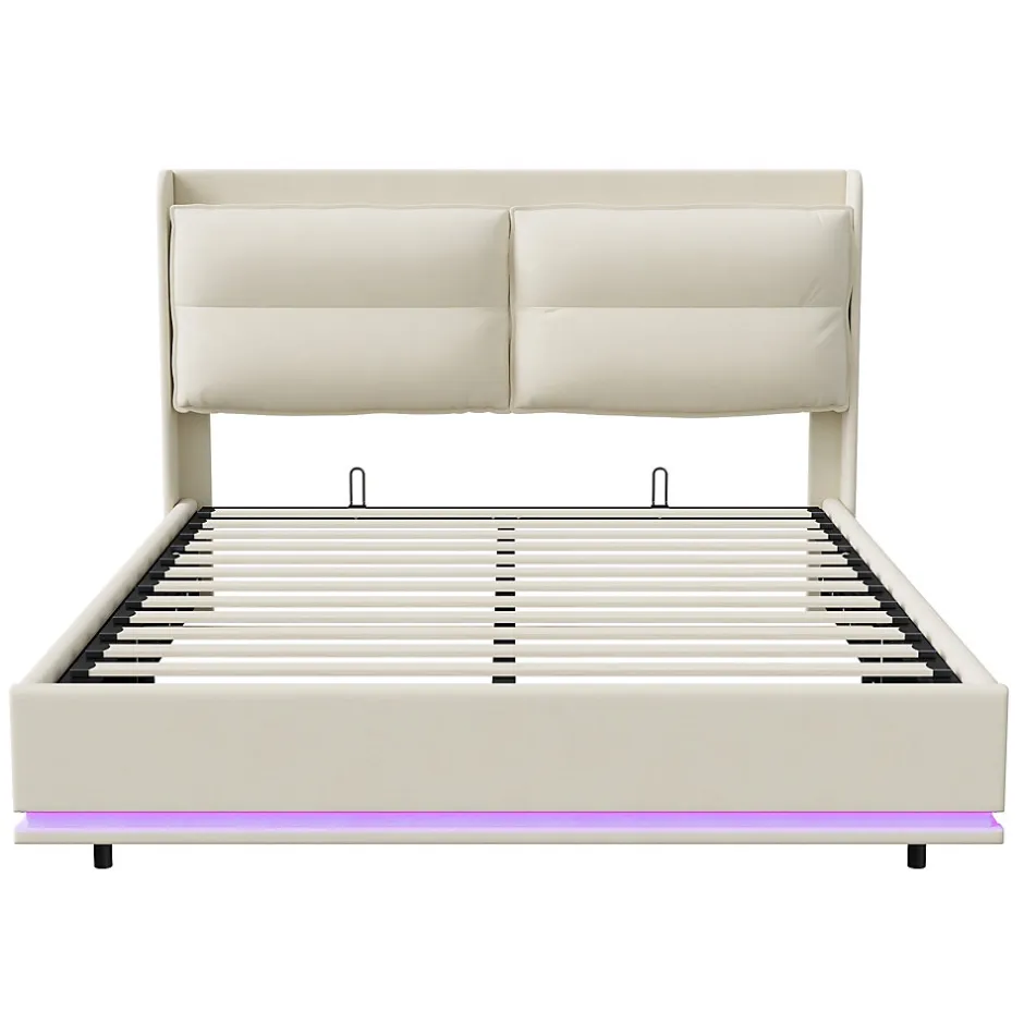 Fortuna lai Lit Moderne Rectangulaire 160x200 Cm Avec Sommier à Lattes, Rembourré, USB Et Type-c, Coffre, Beige