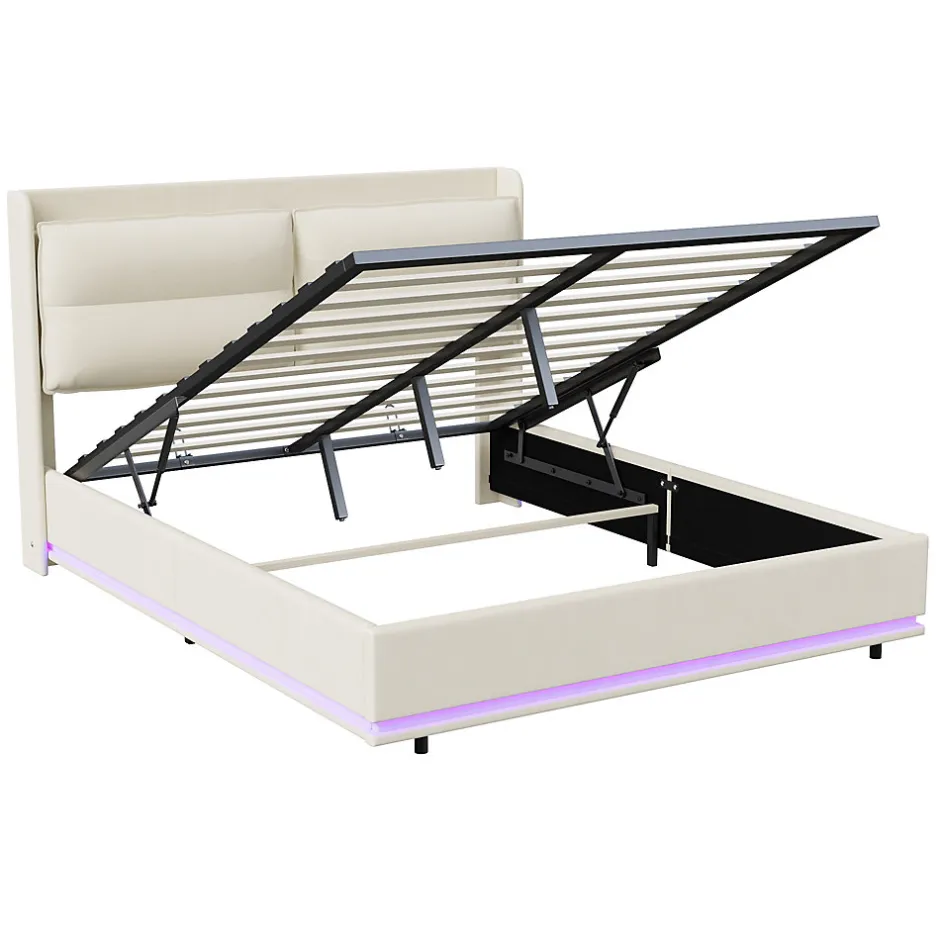 Fortuna lai Lit Moderne Rectangulaire 160x200 Cm Avec Sommier à Lattes, Rembourré, USB Et Type-c, Coffre, Beige