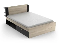 Vente-unique Lit modulable 140 x 190/200 cm avec rangements - Coloris : Naturel et noir - ERALIA