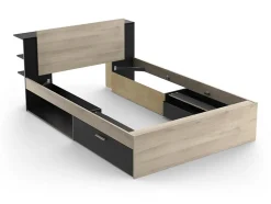 Vente-unique Lit modulable 140 x 190/200 cm avec rangements - Coloris : Naturel et noir - ERALIA