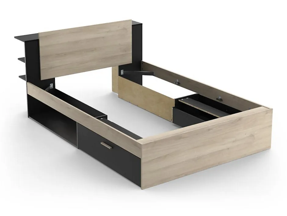 Vente-unique Lit modulable 140 x 190/200 cm avec rangements - Coloris : Naturel et noir - ERALIA