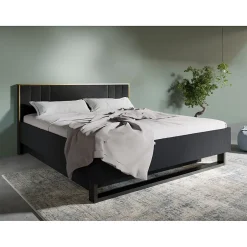Meublorama Lit MONDO 180x200 cm Noir structuré et doré Pieds métal design Sans sommier Hot