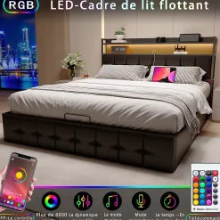 Simple Life Lit multifonction 140x200 cm en cuirPolyuréthanenoir avec LED RGB, coffre hydraulique, prises intégrées et chargeur européen Clearance