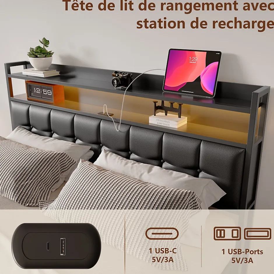 Simple Life Lit multifonction 140x200 cm en cuirPolyuréthanenoir avec LED RGB, coffre hydraulique, prises intégrées et chargeur européen Clearance