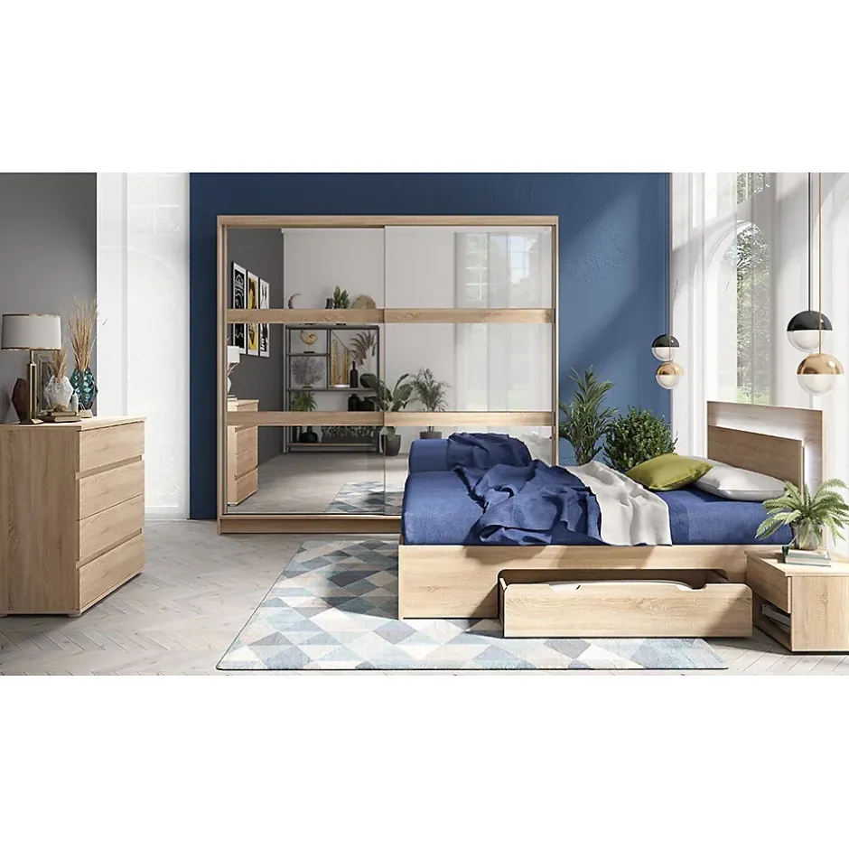 Meublorama Lit NOFI 180 x 200 cm avec sommier et 2 tiroirs de rangement - coloris chene sonoma New