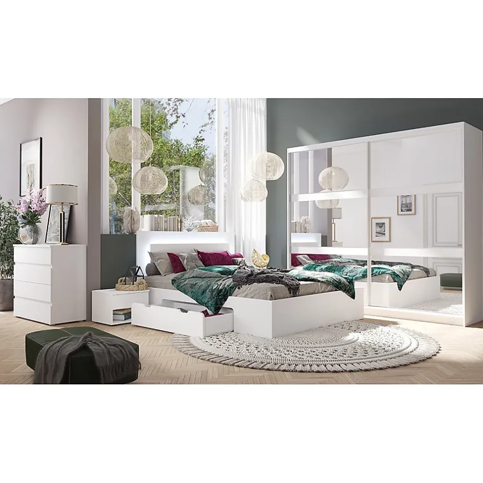 Meublorama Lit NOFI 160 x 200 cm avec sommier et 2 tiroirs de rangement - blanc