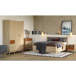 Meublorama Lit NOKI 180x200 cm chene clair et moka Style scandinave sans sommier Best