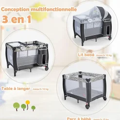 Giantex Lit Parapluie pour Bebe Pliable a roulettes avec Table a Langer et Matelas Lit de Voyage Bebe Gris