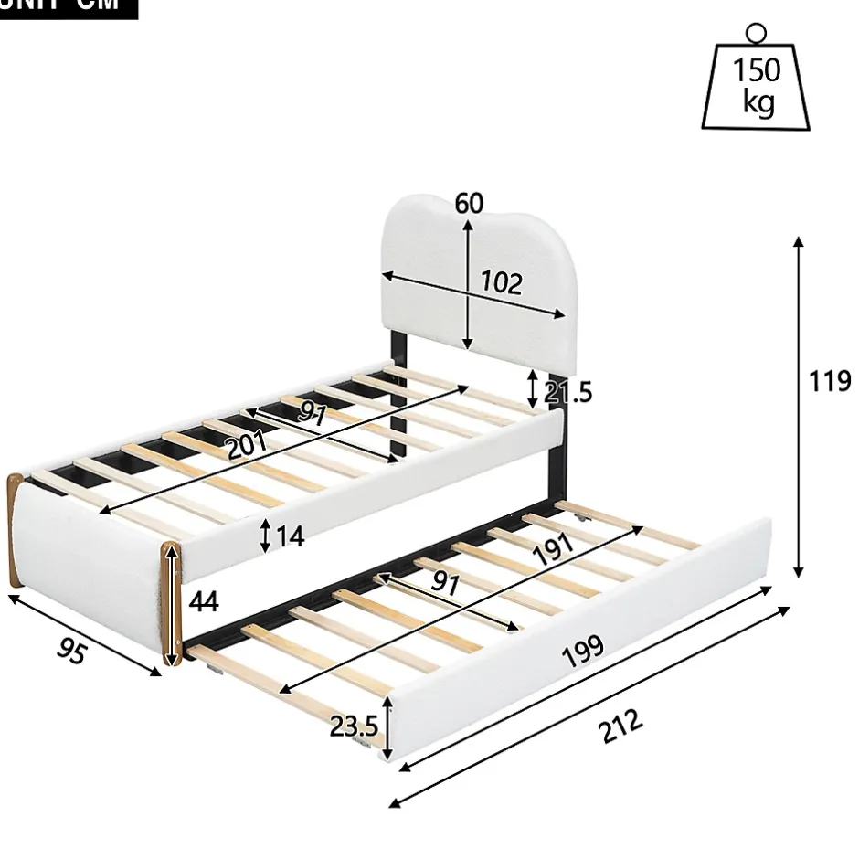 Gutent Lit plat rembourré 90 x 200 cm, avec lit gigogne, moelleux, blanc Clearance