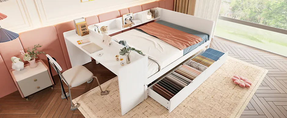 Enfant Fortuna lai Lit Plat 140x200cm, Bureau, 2 Tiroirs, Pin + Panneau, Sans Matelas, Blanc