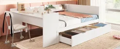 Enfant Fortuna lai Lit Plat 140x200cm, Bureau, 2 Tiroirs, Pin + Panneau, Sans Matelas, Blanc