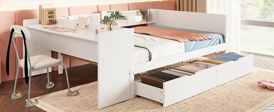 Enfant Fortuna lai Lit Plat 140x200cm, Bureau, 2 Tiroirs, Pin + Panneau, Sans Matelas, Blanc
