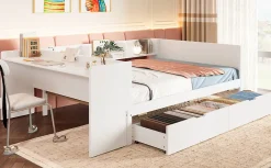 Enfant Fortuna lai Lit Plat 140x200cm, Bureau, 2 Tiroirs, Pin + Panneau, Sans Matelas, Blanc