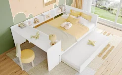Fortuna lai Lit Plat 140x200cm, Bureau, Lit Escamotable, 2 Tiroirs, Pin + Panneau, Blanc New