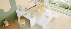 Fortuna lai Lit Plat 140x200cm, Bureau, Lit Escamotable, 2 Tiroirs, Pin + Panneau, Blanc New