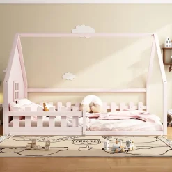Enfant Fortuna lai Lit Plat 140x200cm, Forme Maison, Rampe, Pin, Rose