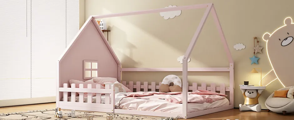 Enfant Fortuna lai Lit Plat 140x200cm, Forme Maison, Rampe, Pin, Rose