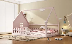 Enfant Fortuna lai Lit Plat 140x200cm, Forme Maison, Rampe, Pin, Rose